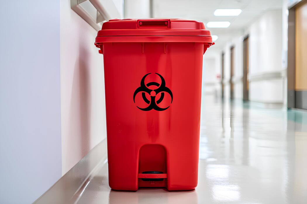 Medical waste disposal company IT support Red biohazard medical waste bin in a hospital corridor