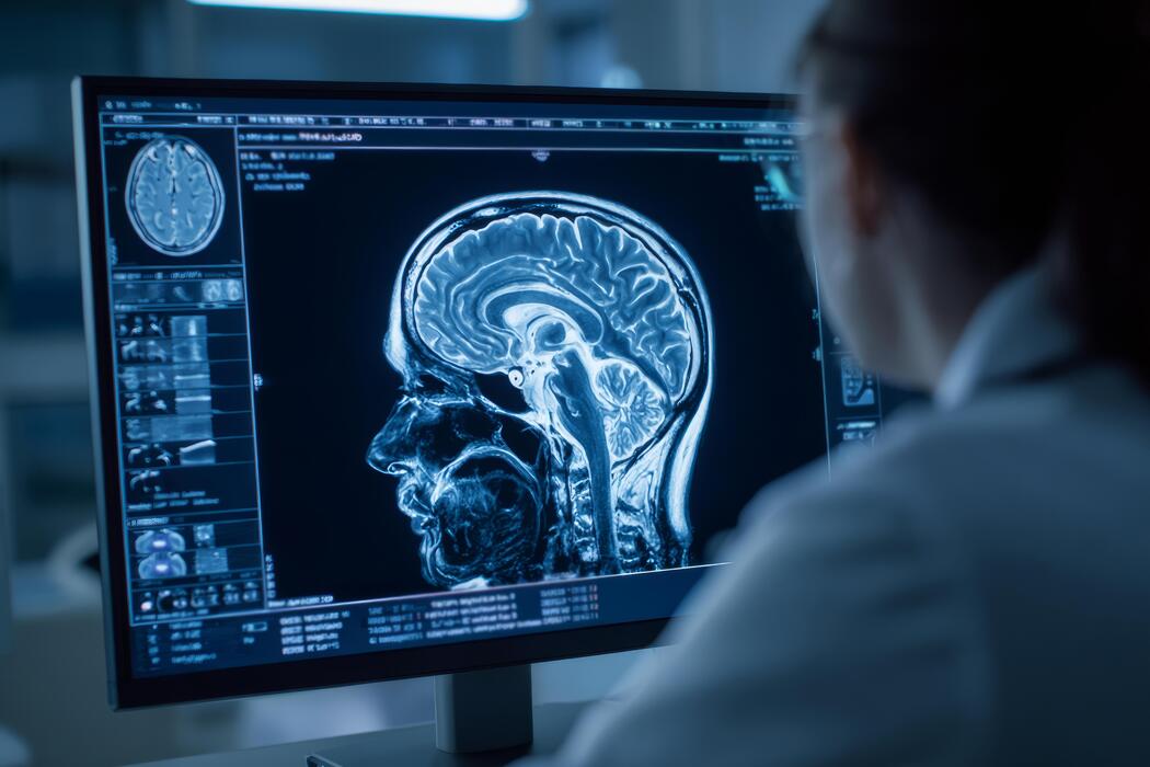 Neurologist examining a detailed brain MRI scan at a memory disorder clinic