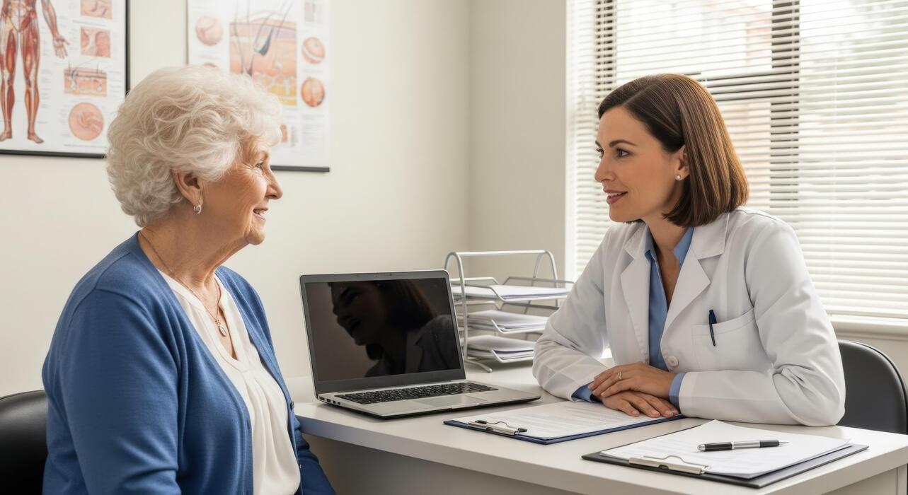 Menopause clinic IT support Woman talking with her doctor during a menopause clinic consultation