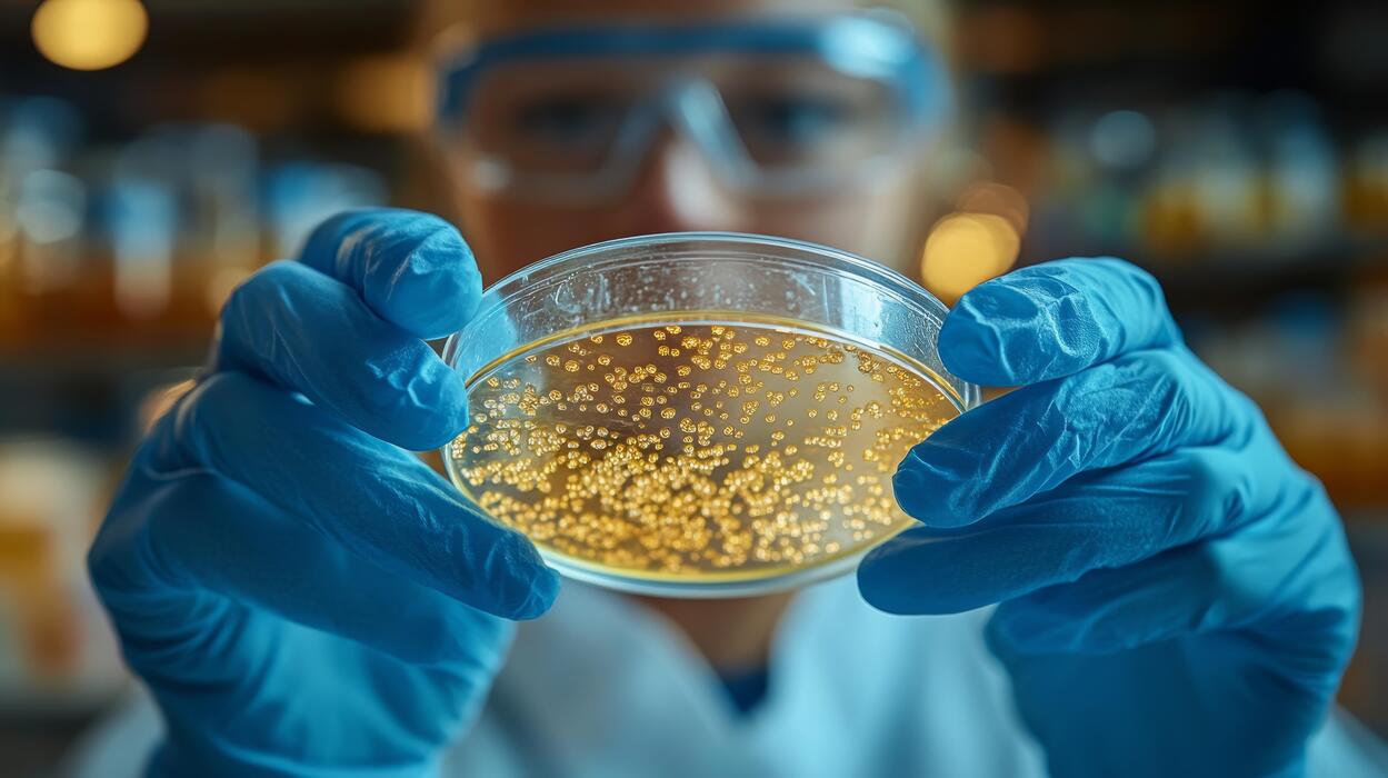 Researcher analyzing a petri dish of microbial cultures in a microbiology lab