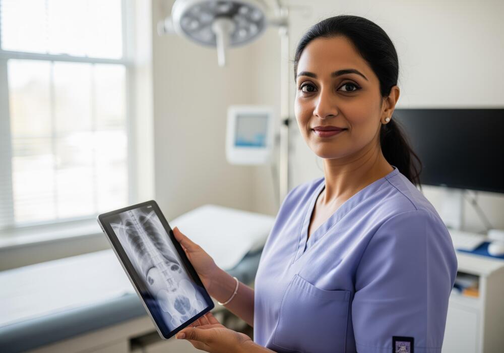 Technologist reviewing a digital X-ray on a tablet at the point of care