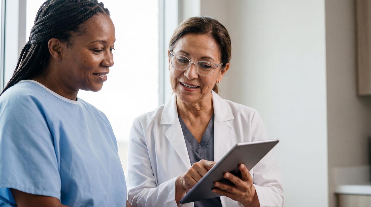 Mobile medical clinic IT support Doctor showing health information on a tablet to a patient at a mobile medical clinic
