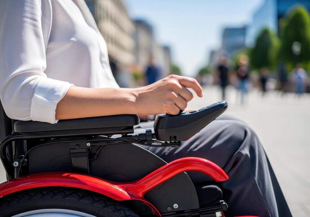 Mobility equipment supplier IT support Woman using a power wheelchair supplied by a mobility equipment provider