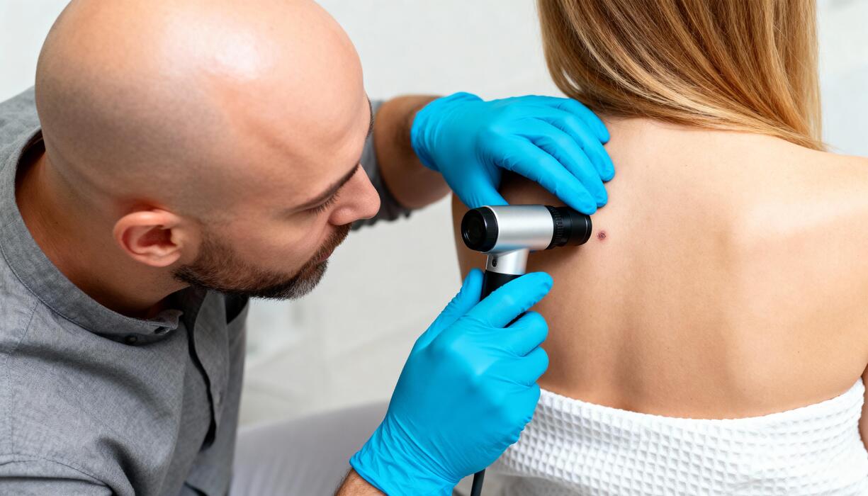 Dermatologist examining a skin mole with a dermatoscope for skin cancer