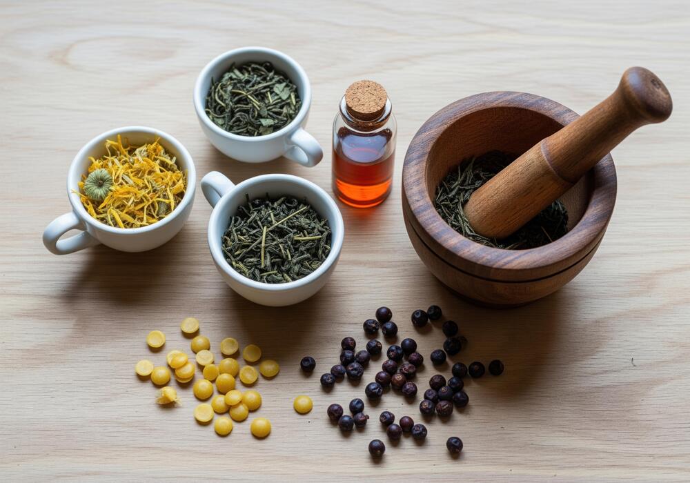 Naturopathic medicine practice IT support Herbal ingredients and mortar and pestle for natural remedies at a naturopathic practice