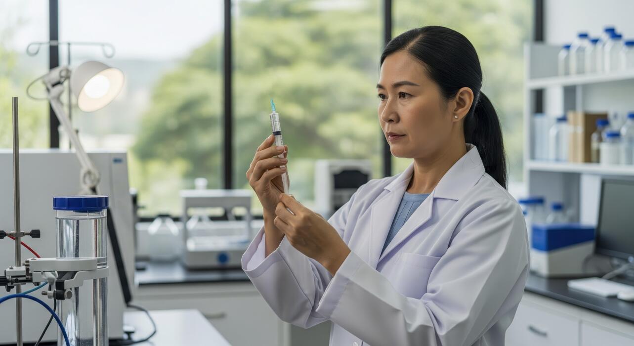 Nuclear pharmacy IT support Technician preparing a dose syringe in a nuclear pharmacy lab