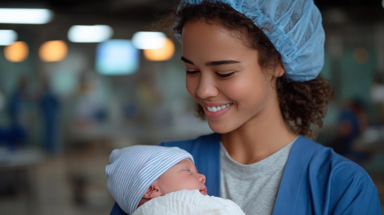 Postpartum care professional cradling a sleeping newborn while supporting a new family