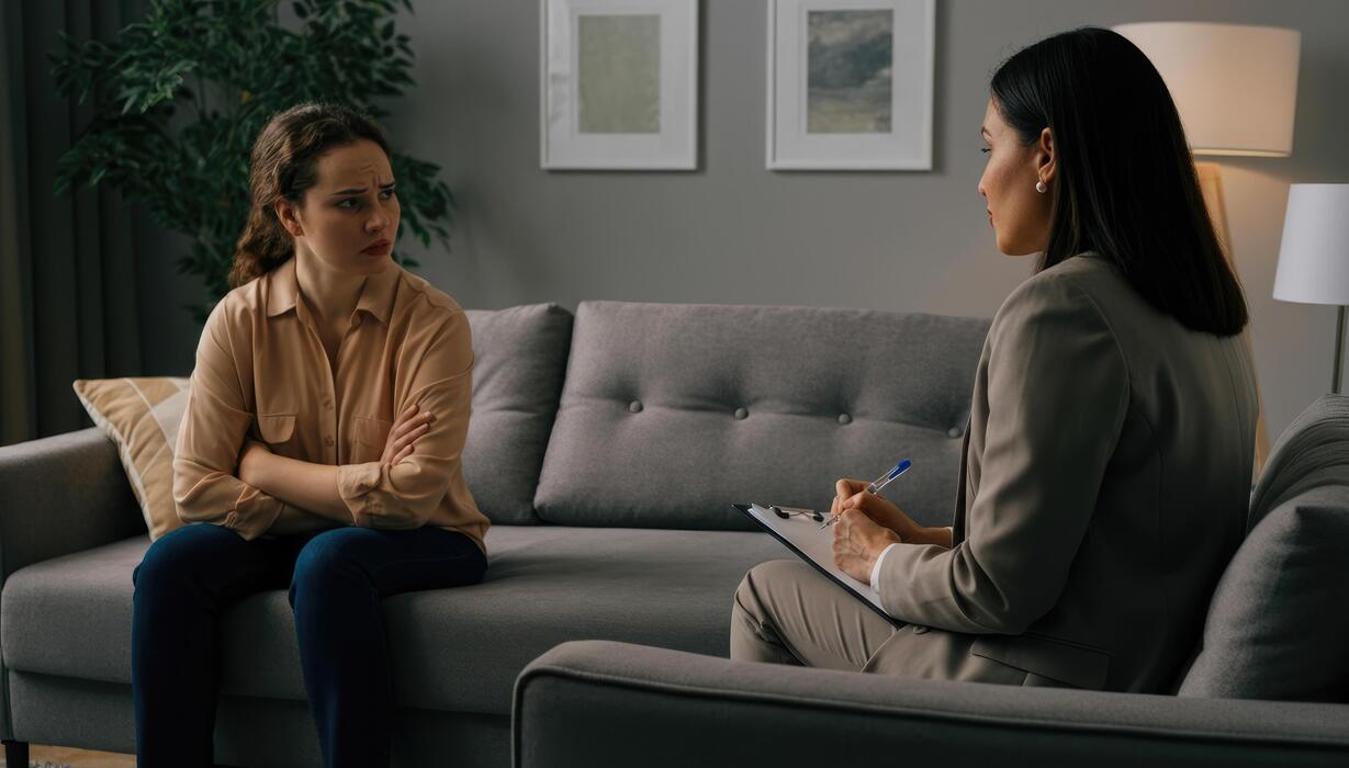 Psychologist taking notes during a counseling session with a client at an outpatient psychology practice