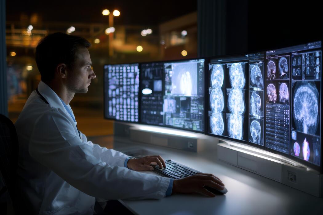Radiologist examining digital X-ray images on a diagnostic monitor in a radiology reading room