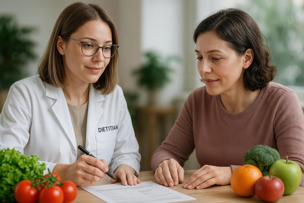 Registered dietitian practices IT support Registered dietitian consulting a client about healthy meal planning at a private nutrition practice