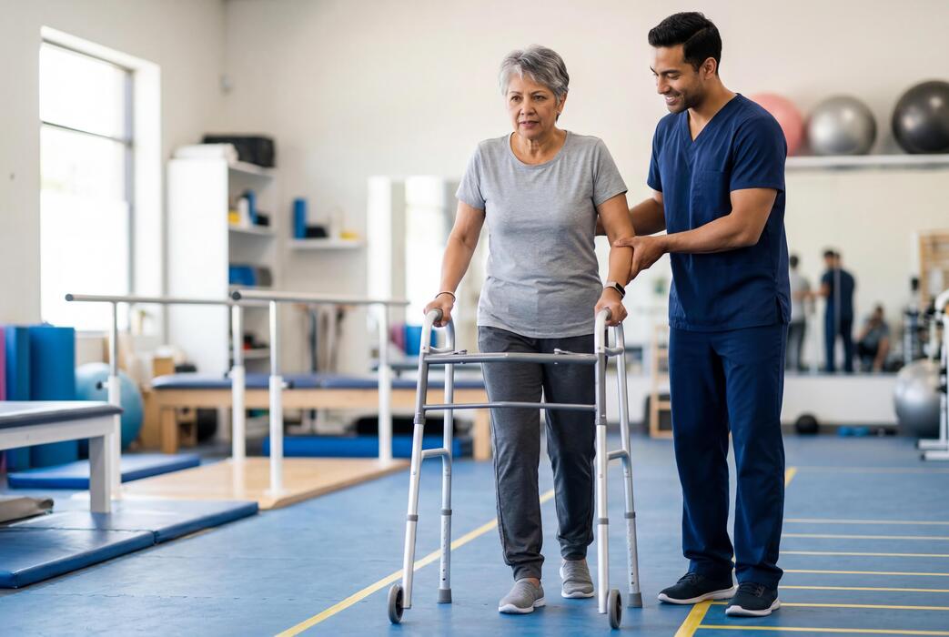 Rehabilitation hospitals IT support Physical therapist helping a patient regain mobility with a walker at an inpatient rehabilitation hospital