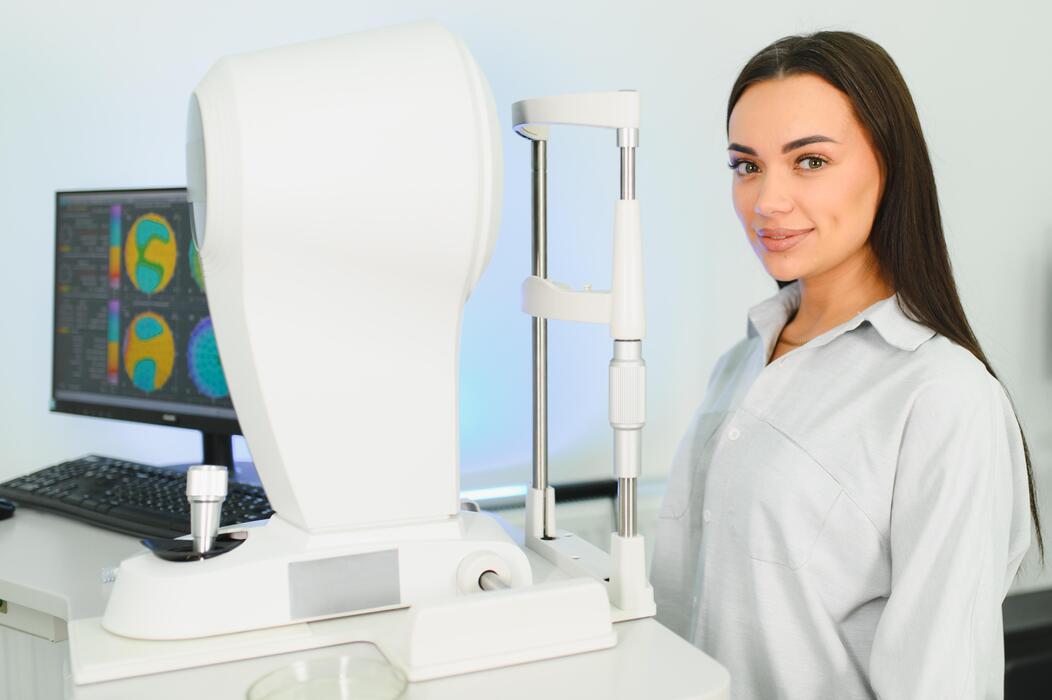 Patient undergoing a retinal imaging eye exam on advanced diagnostic equipment at a retina specialist practice