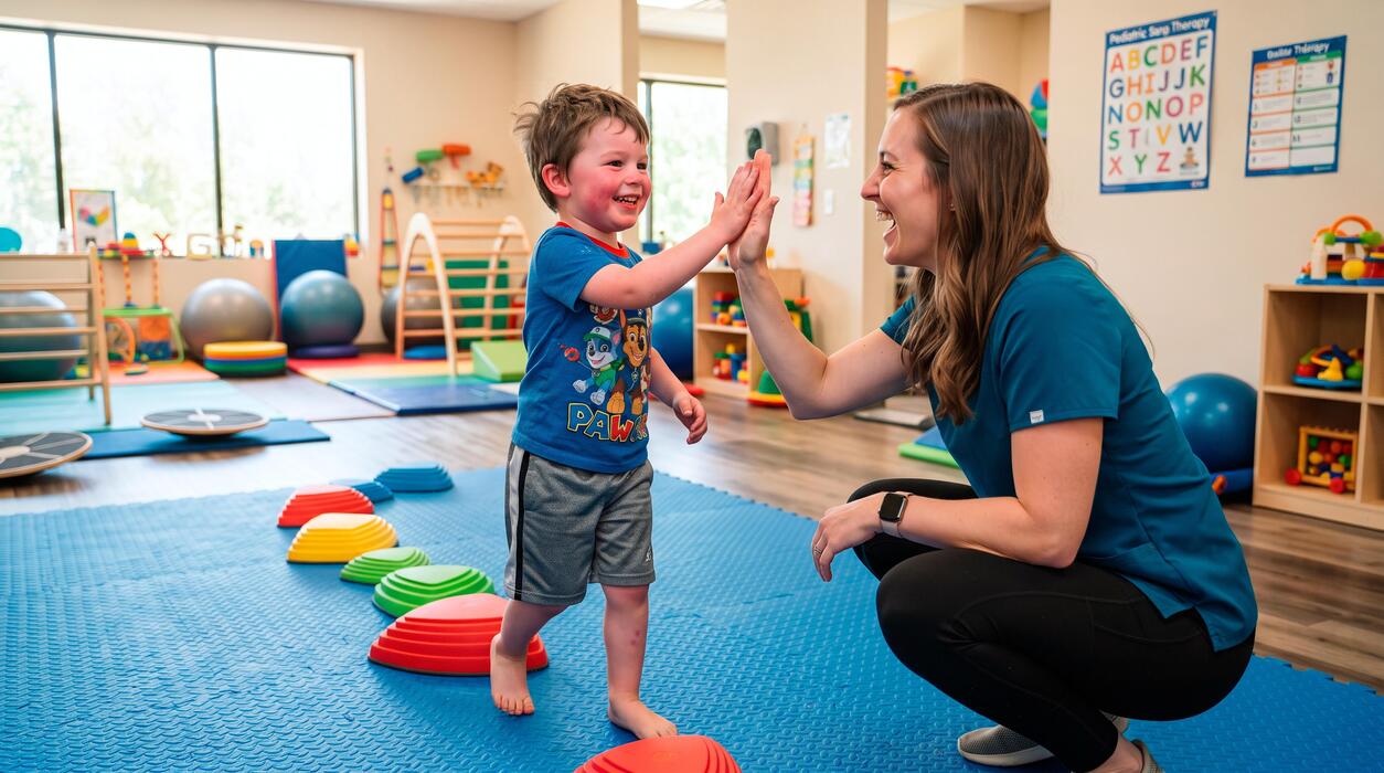 School-Based Therapy Contractor Session Therapist high-fiving a child during a school-based pediatric therapy session