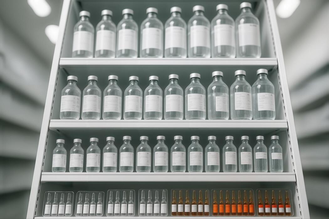 Specialty Pharmacy Medication Shelf Organized specialty pharmacy shelf stocked with medication bottles and ampoules