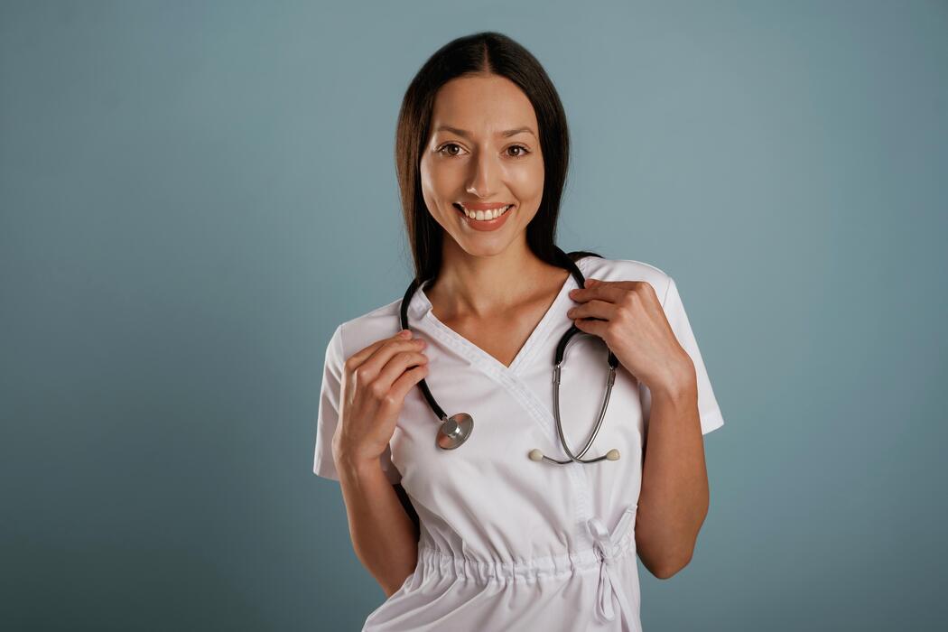 Smiling clinician at a college student health center