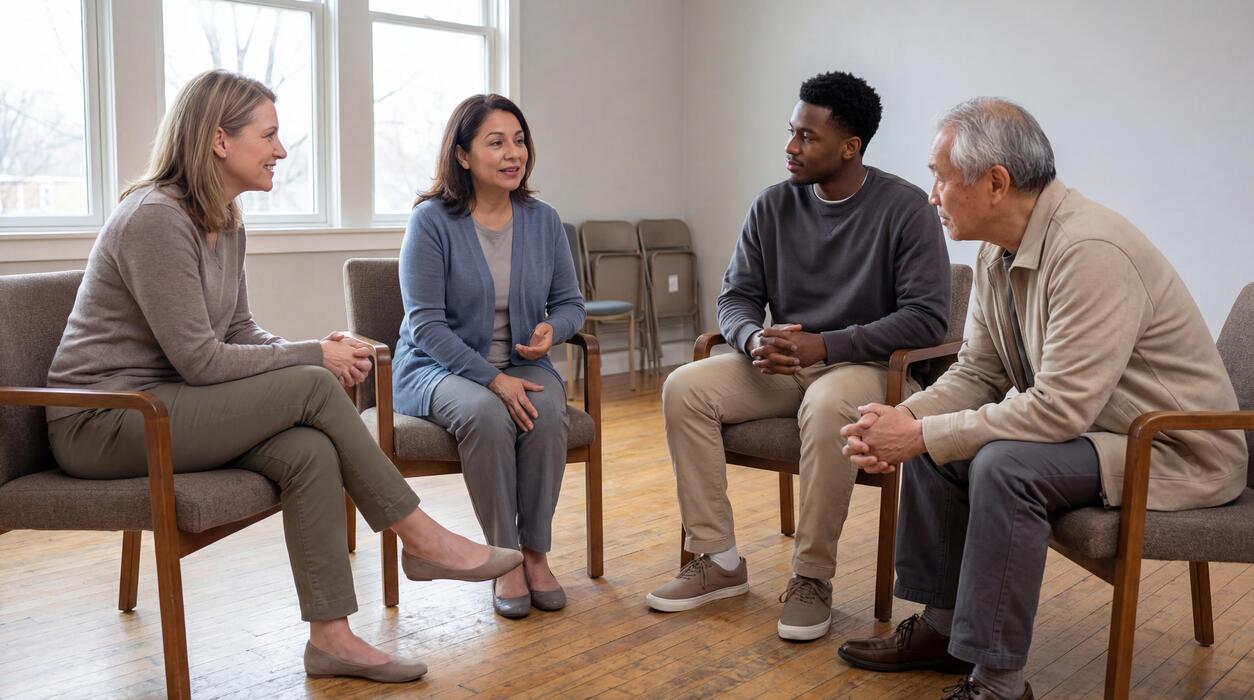 Substance Abuse Group Therapy Session Adults participating in a group therapy session at a substance abuse treatment center