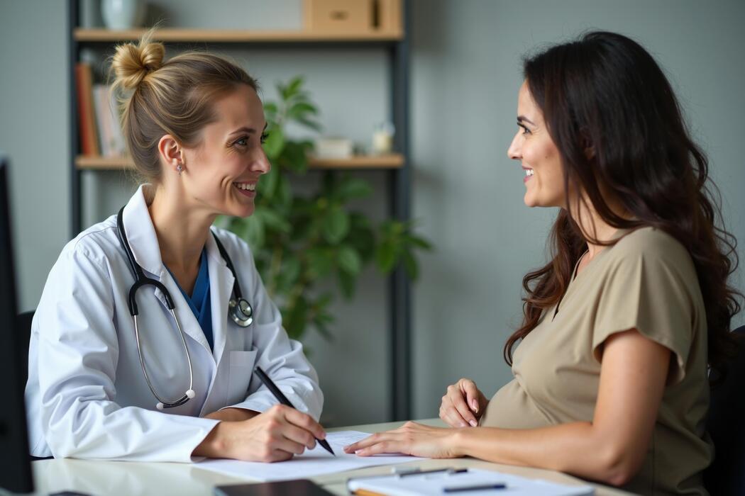 Surrogacy Medical Coordination Doctor consulting with a pregnant woman during a surrogacy journey
