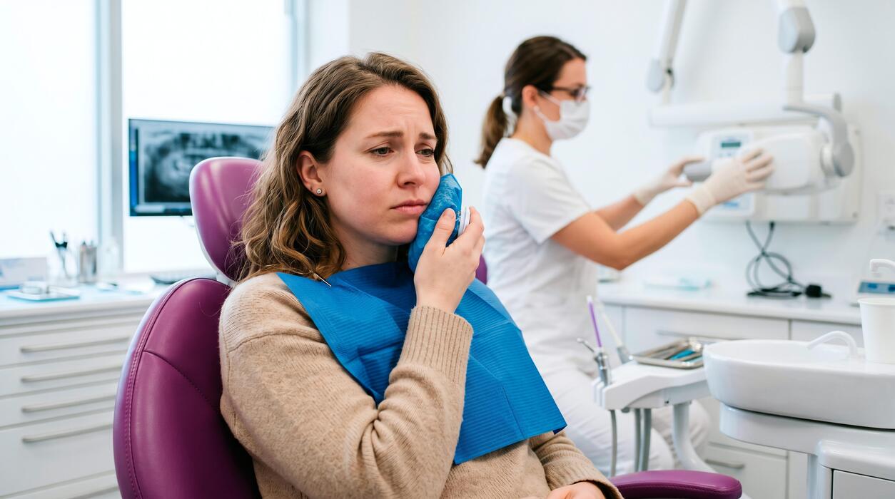 TMJ and Jaw Pain Patient Patient holding an ice pack to the jaw in a dental chair for TMJ pain