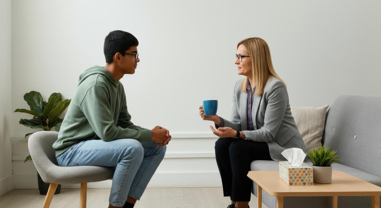 TMS Depression Treatment Consultation Clinician meeting with a patient during depression treatment at a TMS clinic